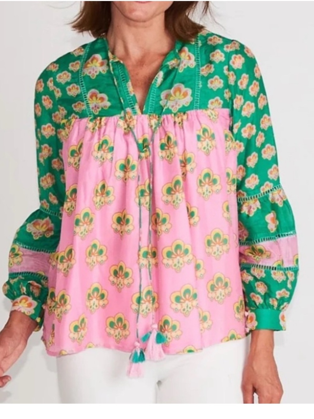 CK Bradley New With Tags Boho Patchwork Peasant Blouse - Pink & Green. Size XS.